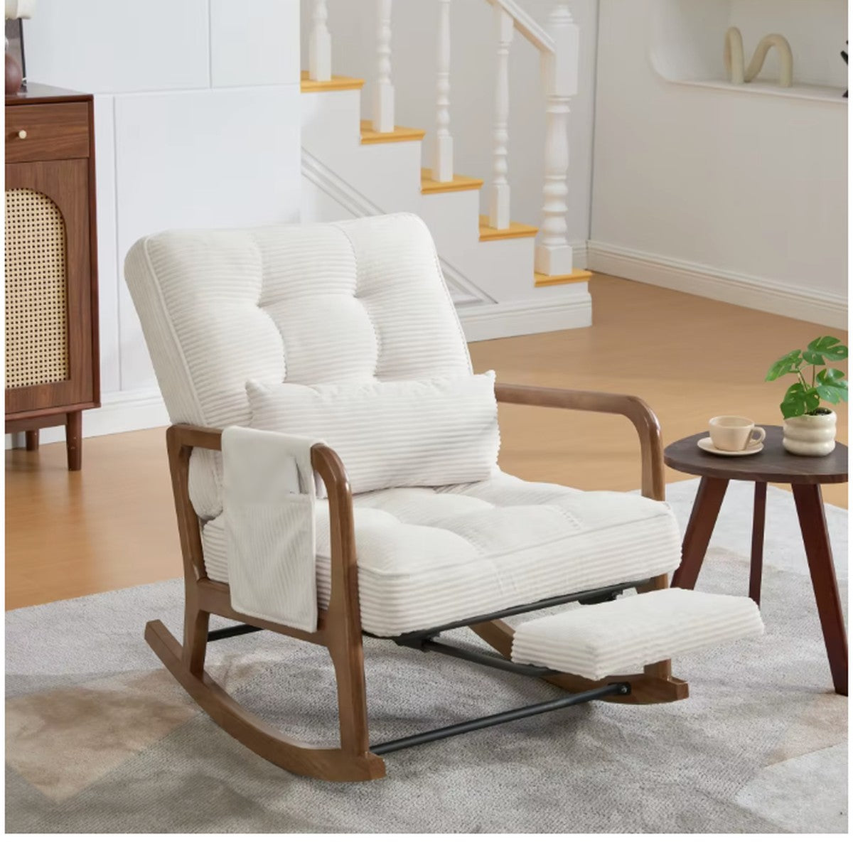 Rocking Chair - Corduroy, Solid Wood Frame, Adjustable Backrest